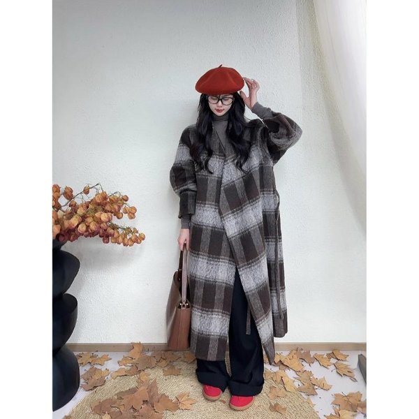 Abrigo De Cachemira Holgado De Doble Cara Estilo Casual Perezoso Para Mujer Nuevo Estilo Coreano Cuadros Simple Abrigo De Lana Hasta La Rodilla M Black-image