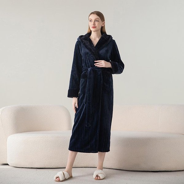 Bata De Pareja De Franela Gruesa Invierno Nuevo CáLido Pijama Pijamas Para Hombre Y Mujer Albornoz De VellóN Coral Pijama Para El Hogar XL Black-image