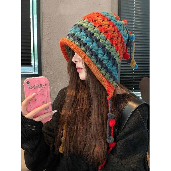 Sombrero De Lana De Ganchillo Hecho A Mano JaponéS De Colores Para Mujer En OtoñO E Invierno Engrosado CáLido ProteccióN Para Las Orejas Sombrero De Punto Sombrero Pullover Con Borla One Size-image