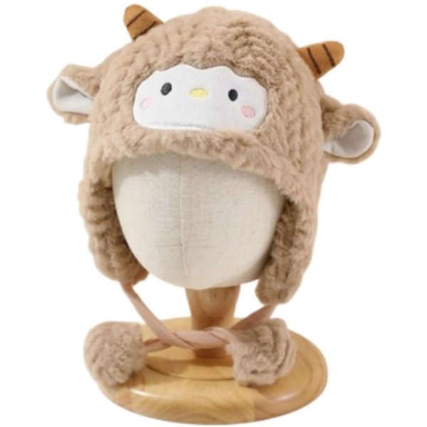Zabawna Kawaii Czapka Z Pluszu Owieczka Dla Malucha Pogrubiona MięKka Urocza Czapka Owca OddychająCa Wiatroszczelna KreskóWkowa Czapka Beanie NiemowlęCa Beige-image