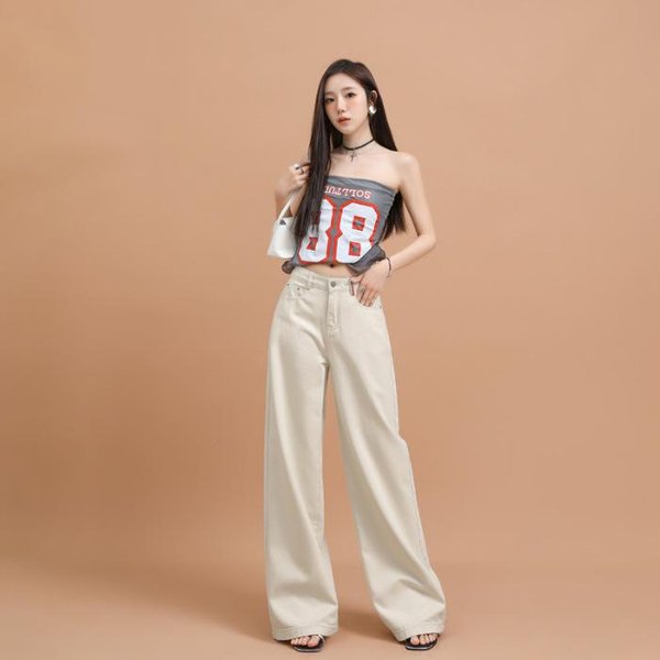 Jeans De Pierna Ancha Para Mujer En Primavera Y Verano Cintura Alta Sueltos Slim Hasta El Suelo Pantalones De Pierna Ancha Para Mujer En Primavera 2XL Beige-image