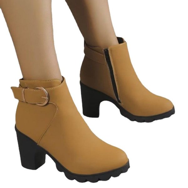 Zapatos De Mujer Invierno Media CañA Botas De Mujer Color SóLido Punta Redonda Flock TacóN Medio Impermeable TacóN Grueso Cremallera Botas De Moda 42 MarróN-image