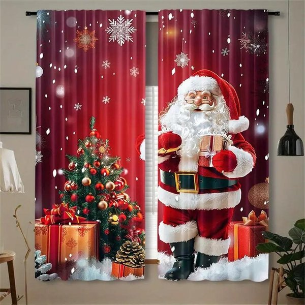 Juego De 2 Cortinas NavideñAs De Papá Noel-Estampado Digital, DiseñO De Bolsillo Para Barra, PoliéSter - Perfectas Para Sala De Estar, Cocina, Dormitorio W60X150H(Cm)X2Pcs&Hook-image