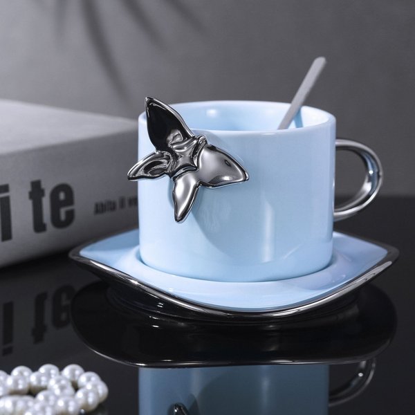 Taza De Café Con Platillo Estilo Europeo Lujo Ligero Mariposa Taza De DiseñO Nicho Taza De CeráMica Para El Hogar Taza Para El Té De La Tarde 250Ml Gray-image
