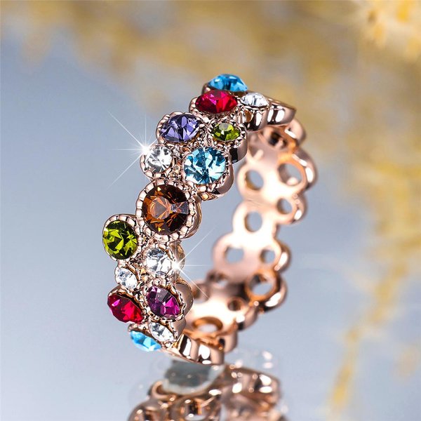 Anillo De Lujo Para Mujer Con Piedra De ZircóN Azul Rojo ArcoíRis, Vintage Color Oro Rosa, Alianza De Boda, JoyeríA Nupcial Para Mujeres 9-image