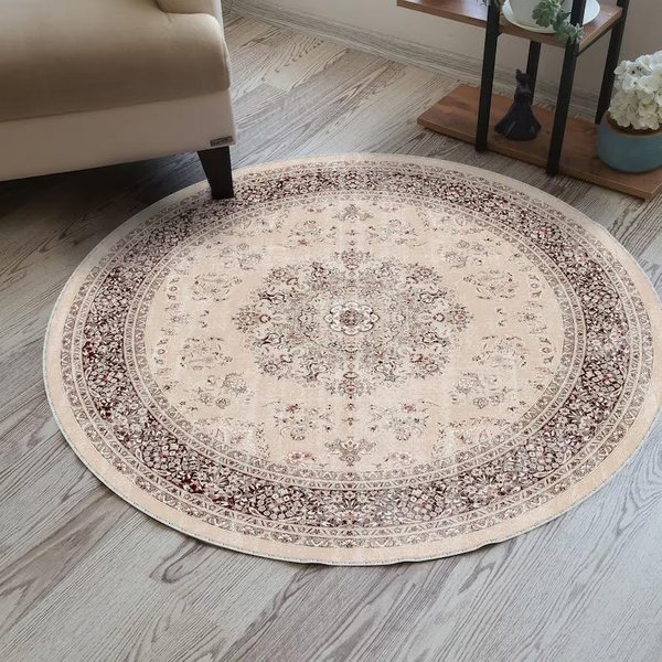 BeżOwy Vintage Postarzany Perski OkrąGłY Dywan Z Medalionem AntypośLizgowa Zmywalna Mata Do Salonu W Stylu Wiejskim 80X80Cm-image