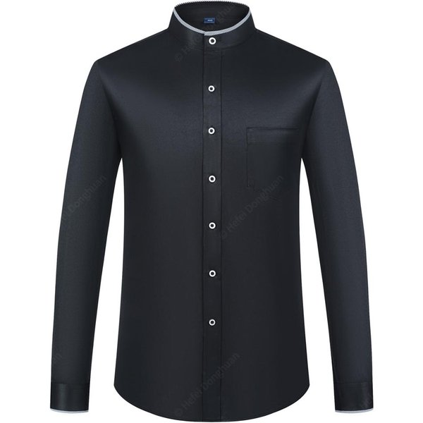 Camisas De Vestir Para Hombre Con Cuello Mao De Manga Larga, Abotonadas, Cuello MandaríN, Camisa VersáTil, Camisa Lisa Con Bolsillo 39 Black-image