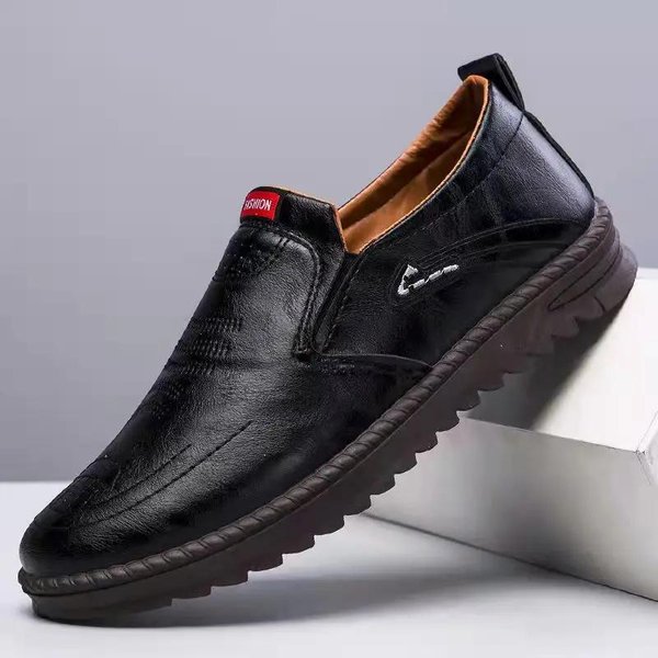 Zapatos De Cuero Para Hombre Zapatos Casuales Slip On Cuero Suave Suela Blanda Zapatos Transpirables Zapatos De Cuero Suave Con Textura A La Moda 39 Black-image