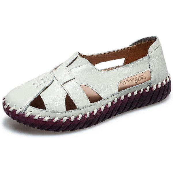 Sandalias Cerradas Para Mujer De Piel Genuina – Planas CóModas Antideslizantes Para Madres De Mediana Edad Y Mayores, Estilo Verano 40 White-image
