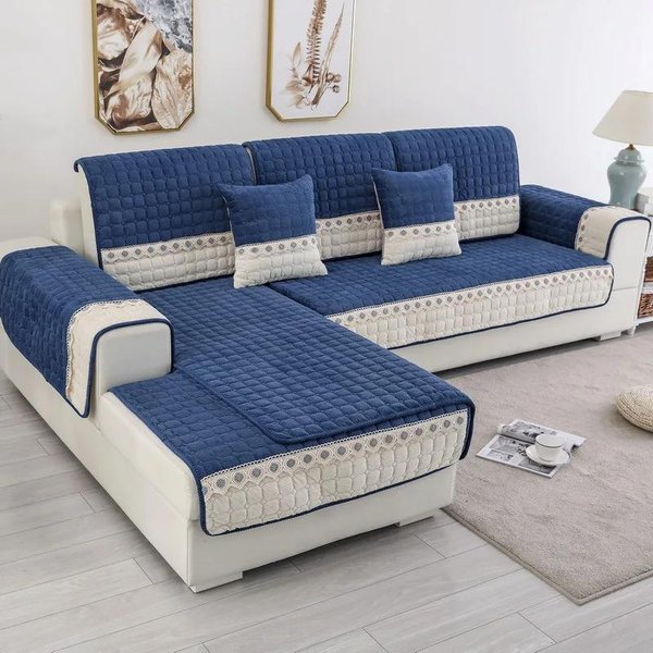CojíN De Sofá De Felpa Grueso Y CáLido, CojíN Antideslizante De Invierno Europeo, Toalla De Sofá De Rejilla Moderna, Funda De Sofá De Encaje De Borde Ancho Blanco Para Sala De Estar 90X90Cm 1Pcs-image