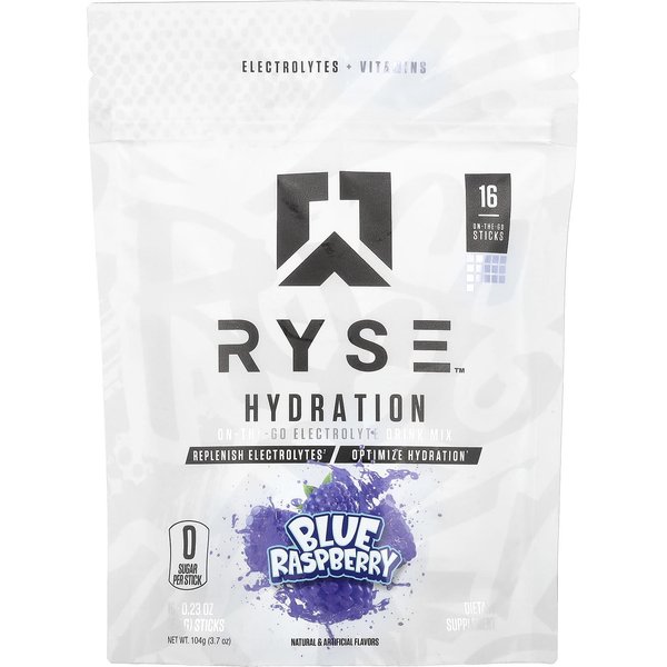 Ryse, HidratacióN, Mezcla De Bebida ElectrolíTica PortáTil, Frambuesa Azul, 16 Sticks, 0.23 Oz (6,5 Gramos) Cada-image