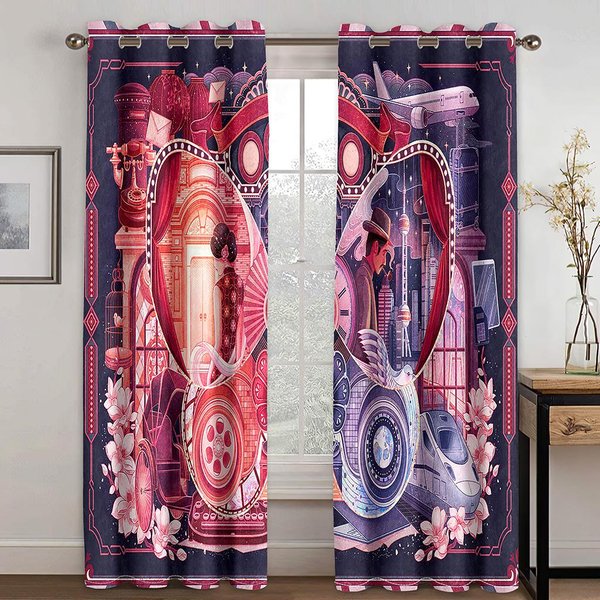 ChińSki Szanghaj Miasto Dziewczyna Czeongsam ZasłOny Operowe DziecięCa Sypialnia Salon Hol Dekoracje Kuchenne Draperie ŻAluzje W50 X H130(Cm)X2&Grommet Top Pink-image