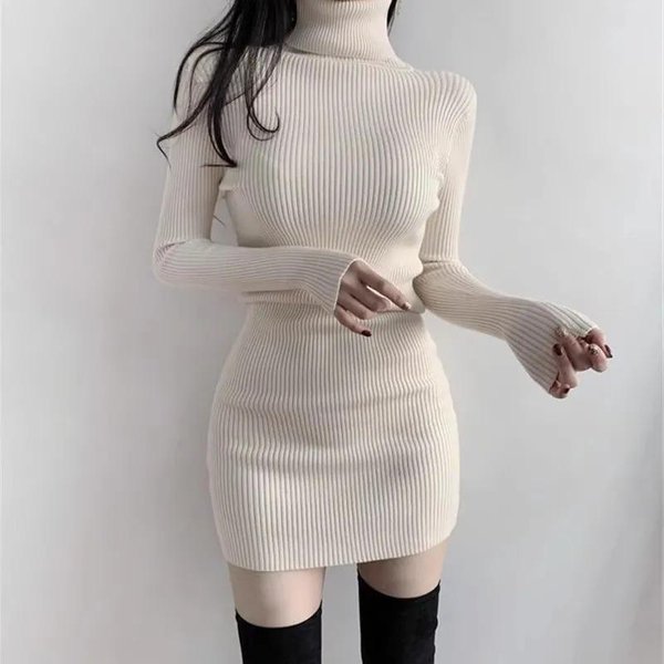 Vestido De Mujer De Primavera Y OtoñO, Vestido Plisado Sexy De Cuello Alto, Vestido Cruzado En La Cintura Y Manga Larga, Vestido Corto De Cadera XL Blanco-image