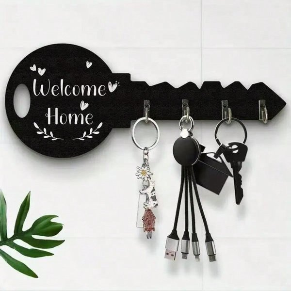 Estante De Madera Para Llaves De Estilo Bohemio Con Estantes Y Ganchos - FáCil De Instalar, Organizador De Pared Que Ahorra Espacio Para Llaves, Abrigos, Etc. 1Pc Negro-image