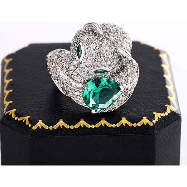 Anillo Plata Zorro Nuevo Diamante Completo Mujer Seiko Gota Verde Moissanita Anillo Fiesta CumpleañOs JoyeríA Regalo Resizable Gray-image