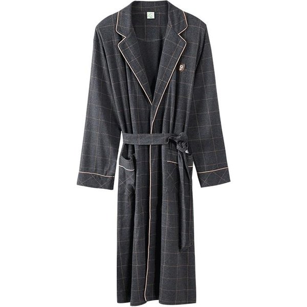 Wiosenno-Jesienny Szlafrok MęSki 100% BawełNa GóRa Do Spania Szlafrok Kimono MęSki Kraciasty DłUgi Szlafrok Szlafrok śLubny Szlafrok 2XL Gray-image
