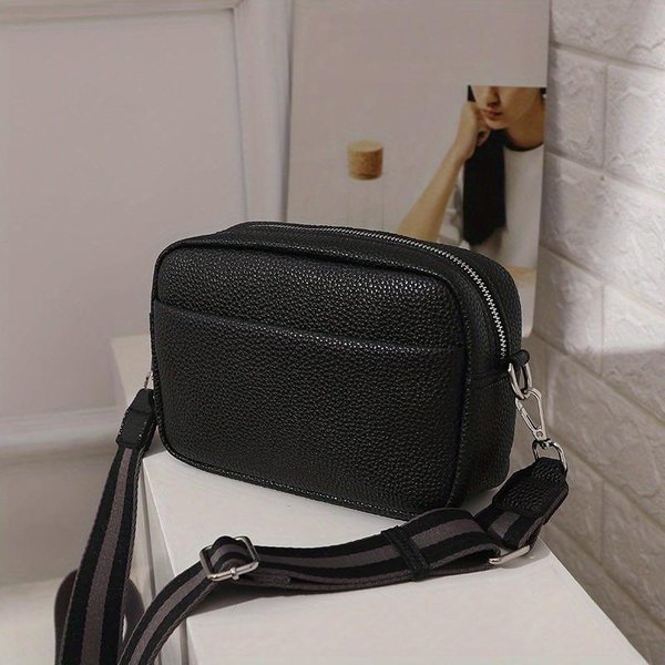 Bolso Bandolera De Cuero SintéTico De Color SóLido Para Mujer, Bolso PequeñO De Hombro, Bolso Cuadrado Compacto. Negro-image