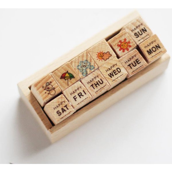 Juego De 12 Sellos De Goma De Madera Con Dibujos Animados Retro, PequeñOs Y Bonitos, Con Forma De CorazóN, Para Viajes, Semanas, áLbumes De Recortes, Planificadores, Sellos Decorativos-image