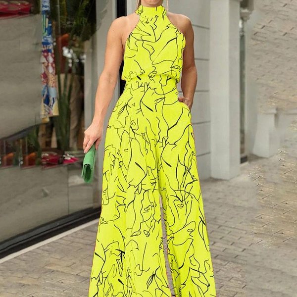 Mono Halter De Cintura Elegante, Mono Informal Con Estampado De Corbata Sin Mangas, Cintura De Verano, PantalóN Largo De Pierna Ancha, Ropa De Mujer M-image