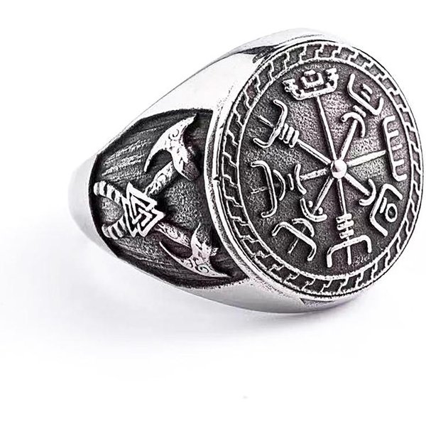 Anillo BrúJula Vikinga De Acero Inoxidable Vintage Para Hombres NiñOs Anillos De Doble Hacha Vikinga NóRdica Amuleto De Moda JoyeríA De MitologíA Regalos 12 Gray-image