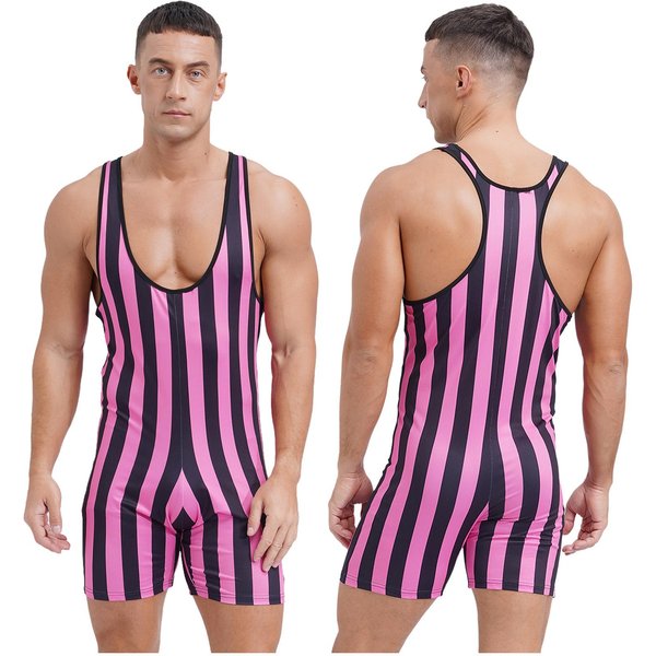 Camiseta De Lucha Libre A Rayas Para Hombre, Calzoncillos Tipo BóXer Ajustados Sin Mangas, Traje De BañO, Mono Deportivo Para Gimnasio Y Fitness L De Rosa Caliente-image