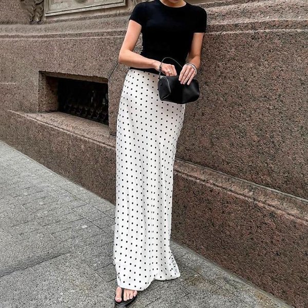 Falda Blanca De Lunares Talenza Moda Elegante Contraste Ajustada Cintura Alta Patchwork Faldas Lujo Nueva Fiesta Mujer Y2K Maxi Falda S-image