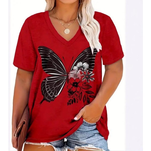 XL-7XL Talla Grande Casual Cuello En V Manga Corta Camiseta BáSica Estampada Ropa De Mujer Talla Grande 4XL Black-image