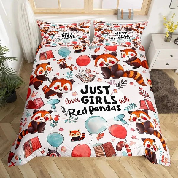 Urocza Poszwa Na KołDrę Panda Czerwona Rozmiar King, RóżOwy Zestaw PośCieli Z Gwiazdkami MiłOść, Kawaii KreskóWkowe ZwierzęTa Poszwa Na KołDrę, DziewczęCa SłOdka Poszwa Na KołDrę EU Single(135X200Cm)-image