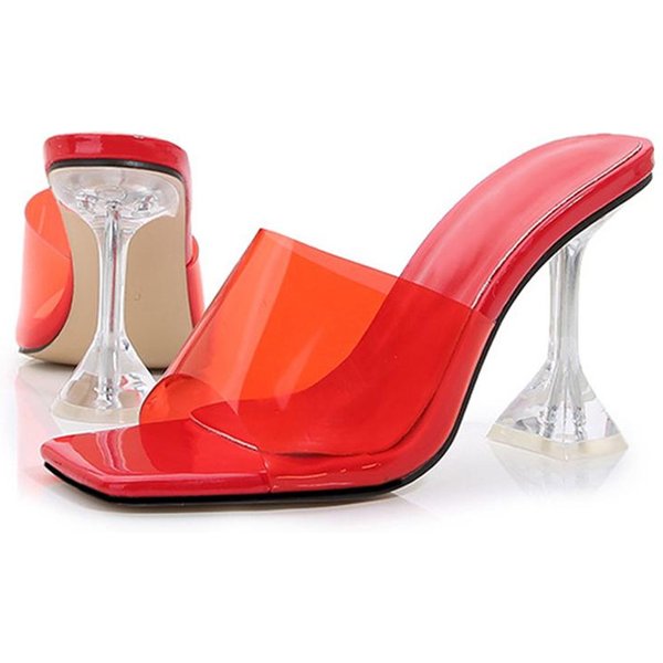 Liyke Nuevos Tacones Transparentes Cristalinos Zapatillas De Mujer Color Caramelo Zapatos De PVC Mules Para Mujer Sandalias De Verano Talla 46 35 Rojo-image