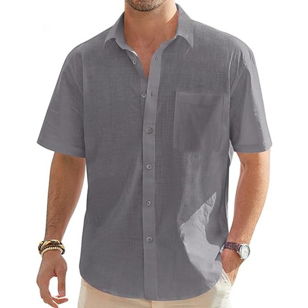 Camisas De Manga Corta De Lino Y AlgodóN Para Hombre, Camisas Casuales Ligeras Con Botones, Blusas De Verano Para Vacaciones En La Playa Con Bolsillo Xxxl Gris Oscuro-image