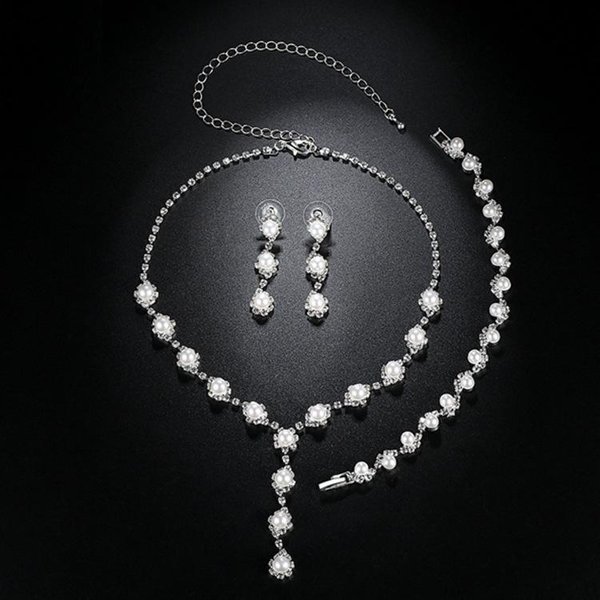 Conjunto De Collar, Pulsera Y Pendientes Con Brillantes Diamantes De ImitacióN Y Perlas Para Novia. Gray-image