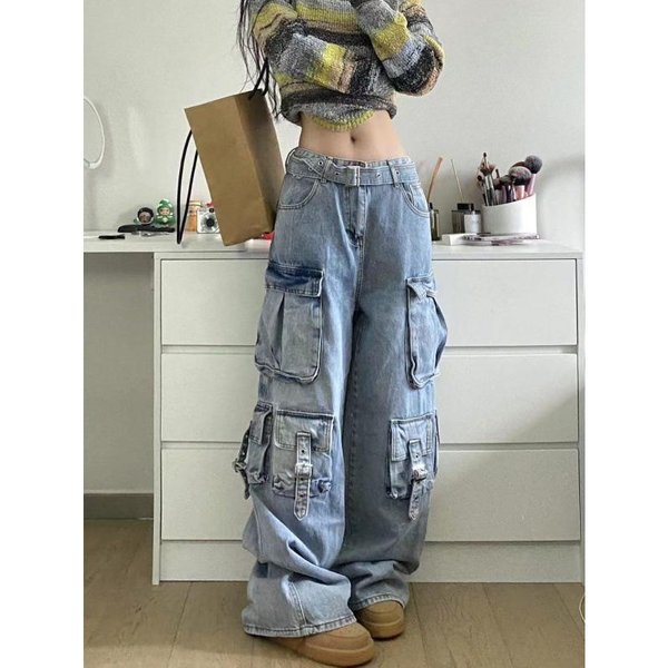 Y2K Retro Damskie Jeansy Cargo Z Wieloma Kieszeniami Vintage Gyaru Damskie LuźNe Spodnie Jeansowe Codzienne Streetwear DłUgie Spodnie M Gray-image