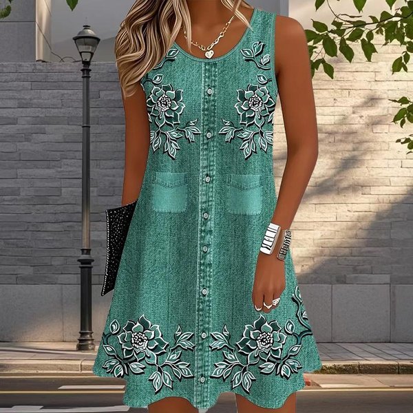 Vestido De Mujer Cowboy Estampado Sin Mangas Cuello Redondo Suelto Suave Y CóModo Talla Grande XS Verde-image