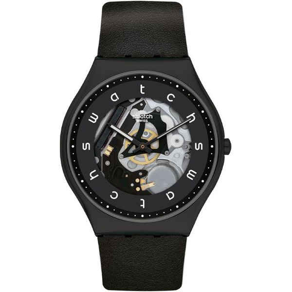 Reloj Swatch Con Movimiento De Cuarzo 30M Resistente Al Agua Esfera Esqueleto De 42 Mm Caja De Acero Inoxidable Correa De Cuero Relojes Unisex SS07B101 Black Black-image