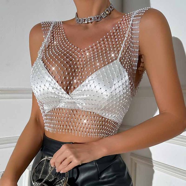 Top Corto De Red Con PedreríA Para Mujer Verano sexy Malla Alta EláStico Negro Blanco Camiseta Red Semen Y2K Tops Sin Mangas Transparente Top Corto One Size-image