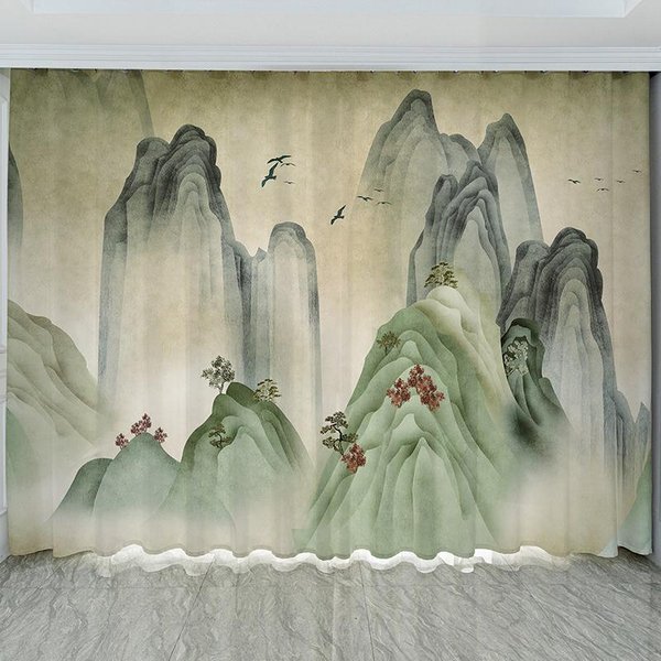 Nuevo Paisaje Chino Tinta Paisaje Pintura Estilo Chino Sala De Estar BalcóN SalóN De Té Cortina De ParticióN Ventana 2 Paneles 100W130H(Cm)40X51In&Grommet Top-image