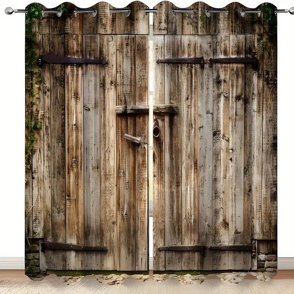 2 Piezas Cortina Con Estampado De Puerta De Madera RúStica - Tratamiento De Ventana Con Bolsillo Para Barra Para DecoracióN Del Hogar Para Dormitorio, Oficina, Cocina, Sala De Estar W65X60H(Cm)X2Pcs&Hook-image
