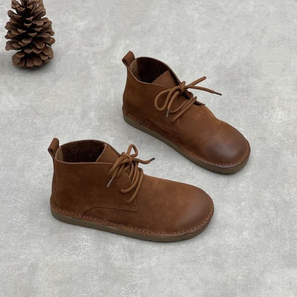 Johnature Damskie Buty Ze SkóRy Naturalnej MięKka SkóRa BydlęCa OkrąGłY Nosek Retro MięKka Podeszwa Sznurowane PłAskie KróTkie Buty 38 Kawowy-image