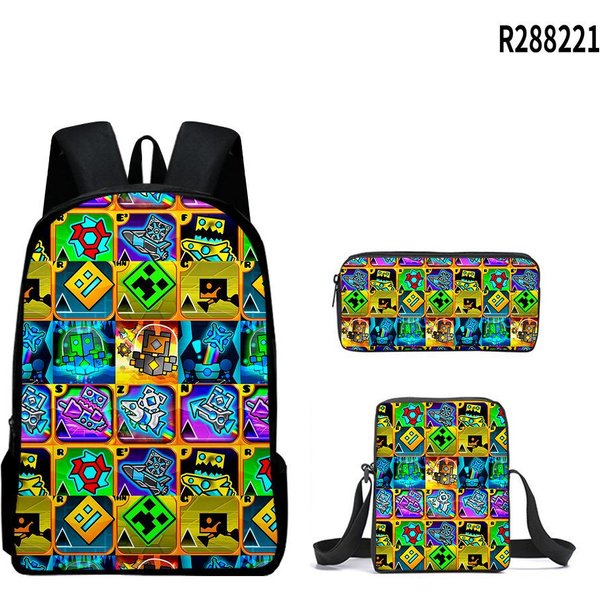 Klasyczny Popularny Geometry Dash Drukowanie 3D 3 Szt./Zestaw Uczeń Plecaki Szkolne Plecak Na Laptop Plecak Jednoramienny PióRnik Black-image