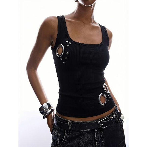 Damski Top Bez RęKawóW Z Dzianiny PrążKowanej Z Ozdobnymi ćWiekami, Casualowy, Dopasowany KróJ, Dekolt OkrąGłY XL Black-image