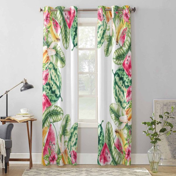 Cortinas De Ventana Con Flores De Hoja De PláTano Y SandíA De Verano Para Sala De Estar Dormitorio De Lujo Cortina Cocina Persianas Cortinas 135W X 60H(Cm) X1 White-image