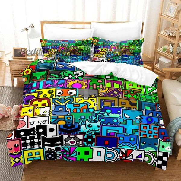 Hip Hop Angry Geometry Dash PośCiel Pojedyncza BliźNiacza PełNa KróLowa KróL Rozmiar Anime Gra Sypialnia Poszewka Na KołDrę 70X133Cm 2Pcs Black-image