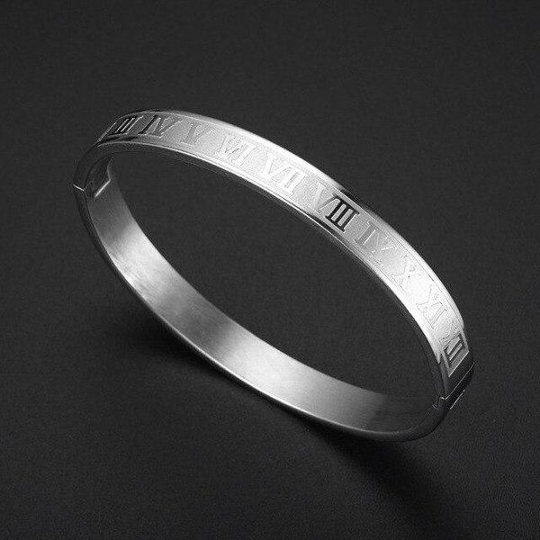 Brazalete De Lujo Pulsera De Acero Inoxidable Tallado NúMero Romano Pareja Brazalete Romano Para Hombres Mujeres JoyeríA Plata-image