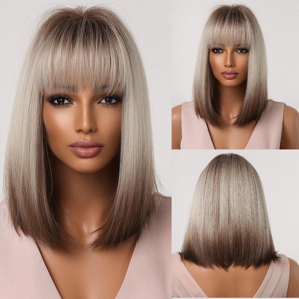 Alan Eaton Warstwowe Syntetyczne Peruki Z Grzywką Proste KróTkie Pasemka Blond WłOsy Peruka Dla Kobiet Naturalna Codzienna Cosplay Peruki Model Length-image