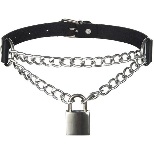 Collar Punk Con Candado Con Cadena Gargantilla De Cuero Negro Collar GóTico JoyeríA De Candado Para Mujeres NiñAs Accesorios Rave Black-image