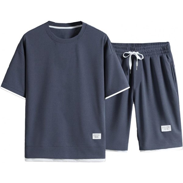 2 Piezas/Set Conjunto De Ropa Deportiva Para Hombre Camiseta De Manga Corta Con Cuello Redondo Pantalones Cortos De Pierna Ancha Con Cintura EláStica Y CordóN Ajustable Conjunto De Falso Dos Piezas Textura Waffle Xxxl-image