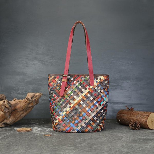 Bolso Cubo Tejido Colorido De Piel De Vaca Retro, Bolso Tote VersáTil Con Bloques De Color, Bolso De Hombro ÚNico De Gama Alta Varios Colores-image