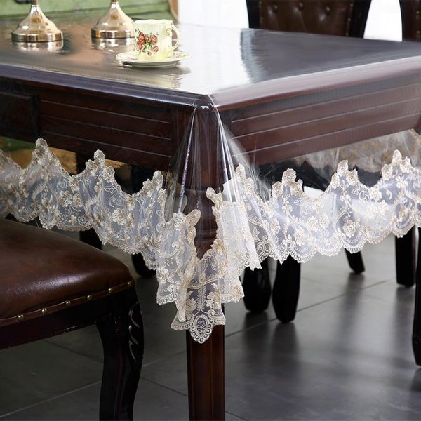 Mantel Impermeable PVC Transparente Cubierta Mesa Comedor Suave Mantel Encaje Champagne Bordado Resistente Al Aceite Placa De Cristal 150X300Cm-image