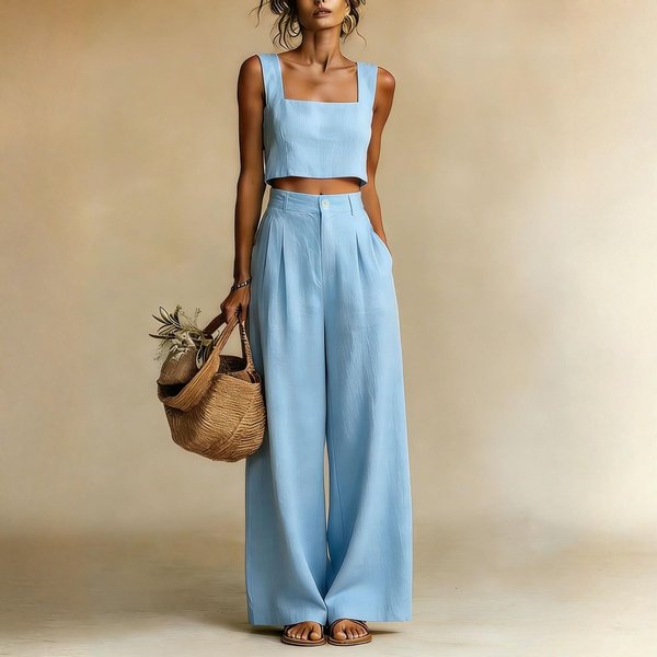Conjunto Casual De Mujer Con Cuello Cuadrado Y Pantalones De Pierna Ancha, Chaleco Sin Mangas Holgado Conjunto De Dos Piezas S Azul Cielo-image