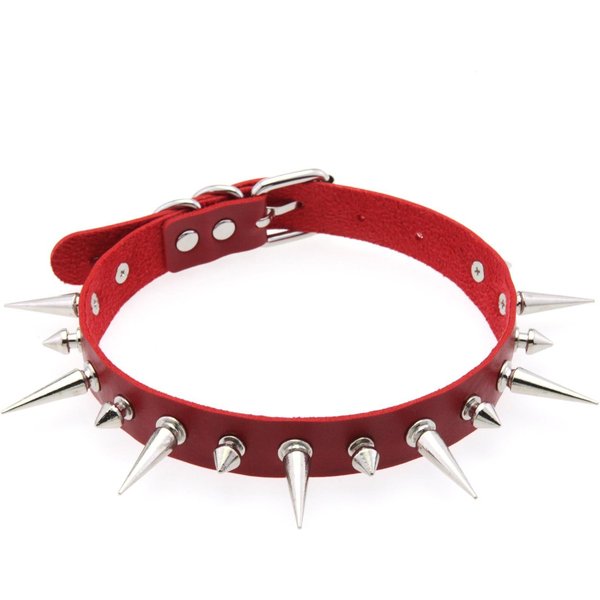 Punkowy Choker Z DłUgimi Kolcami SkóRzany KołNierz PU Dla Kobiet MężCzyzn Fajny DużE Nity Wypustki Choker Styl Goth Naszyjnik Akcesoria Emo Red-image